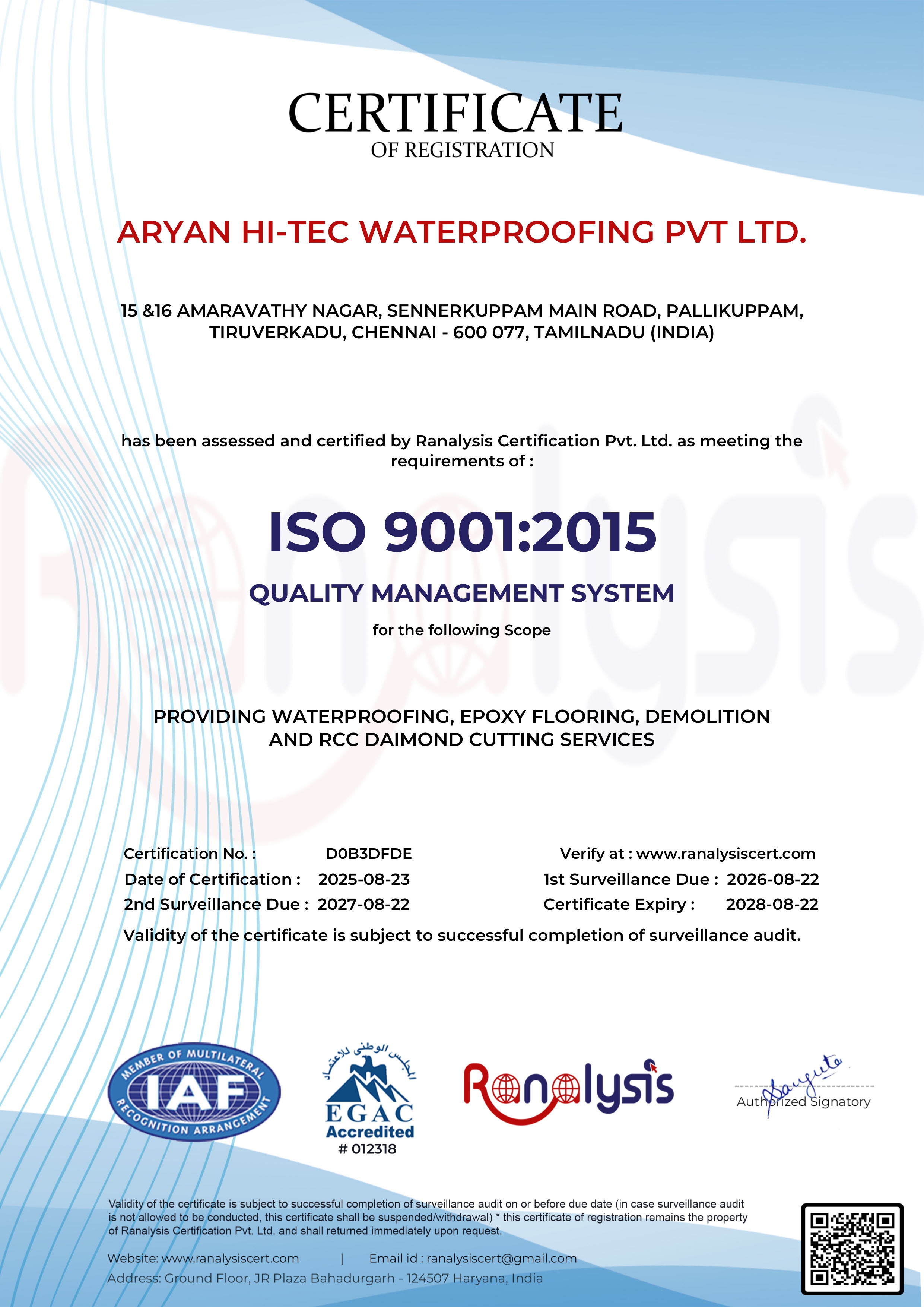 Aryan Hi-Tec ISO 9001:2008 certified waterproofing company team Chennai